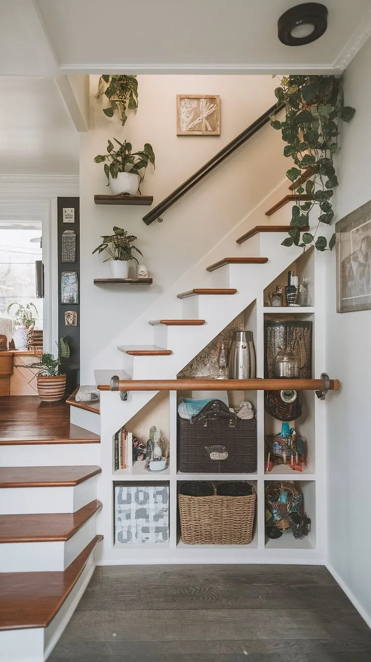 This entryway with stairs boasts a stunning stairs design with storage, maximizing space with clever home stairwell ideas. The downstairs design ideas include a chic staircase bar under stairs and small living room under stairs, showcasing innovative downstairs storage ideas and under stairs storage solutions. Clever stair shelf ideas complete the look.