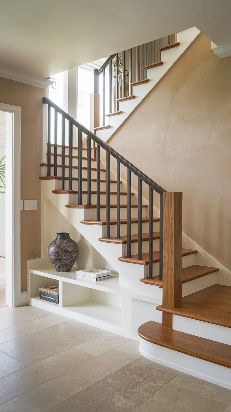 This entryway with stairs showcases a clever stairs design with storage, maximizing space with a white shelf tucked neatly under the stairs. The wooden stairs and black railings create a stylish contrast against the beige walls and tiled floor, offering inspiration for home stairwell ideas and downstairs design ideas. This efficient use of under stairs storage provides a practical solution for downstairs storage ideas, even suggesting the possibility of a small living room under stairs or a staircase bar under stairs, depending on your needs. The bright upstairs area visible through the stairwell hints at the potential of this below stairs interior design. Consider this image for stair shelf ideas in your own home.