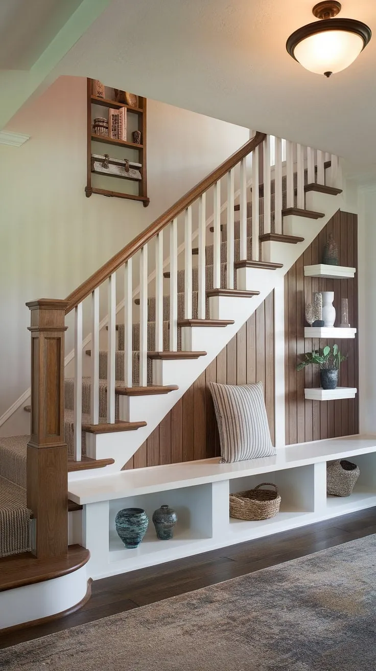 This entryway with stairs boasts a clever stairs design with storage, maximizing space with under stairs storage. The white shelf below the stairs displays decorative items, offering a stylish downstairs storage ideas solution. The wooden banister and carpeted treads add warmth, while the adjacent wooden panel with shelves provides further storage and contributes to these home stairwell ideas. Consider this below stairs interior design for inspiration if you're looking for downstairs design ideas, perhaps even a small living room under stairs, or creative stair shelf ideas. A rug completes the cozy feel.