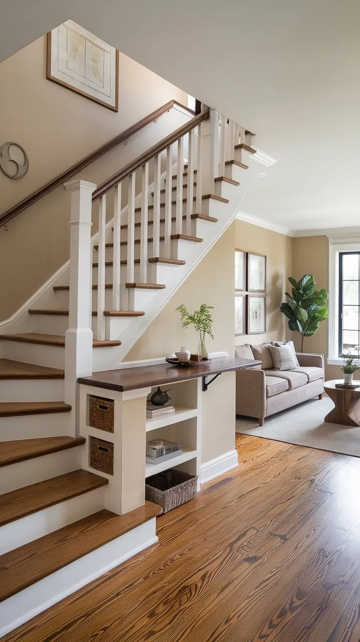 This entryway with stairs showcases clever downstairs design ideas. The stairs design with storage, featuring built-in shelves, maximizes space and offers practical stair shelf ideas. A small living room under stairs creates a cozy atmosphere, while a staircase bar under stairs adds a unique touch. The under stairs storage solution is a brilliant example of below stairs interior design, perfect for those seeking downstairs storage ideas and home stairwell ideas. The warm beige walls and wooden floors complement the overall aesthetic.