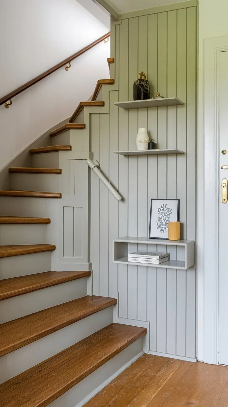 The unique stairs design with storage in this entryway is a masterclass in maximizing space. These home stairwell ideas cleverly incorporate under stairs storage, providing ample room for organization. The light and airy feel, combined with the wooden floors, makes this a perfect example of downstairs design ideas and downstairs storage ideas. The simple shelf adds to the overall aesthetic, offering further stair shelf ideas. Imagine the possibilities for a small living room under stairs or even a staircase bar under stairs in this well-designed space, showcasing exceptional below stairs interior design.
