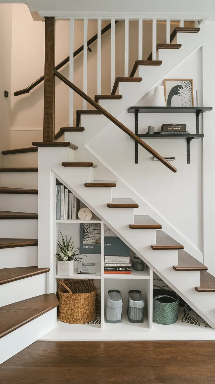 Sleek and space-saving: This entryway with stairs showcases ingenious downstairs design ideas, including under stairs storage and a unique staircase bar under stairs. Explore stair shelf ideas and below stairs interior design inspiration for your own home.