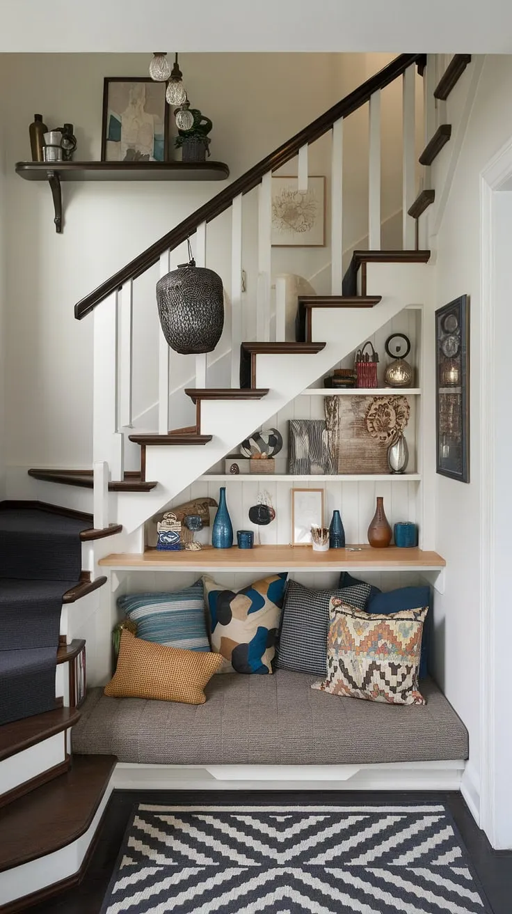This modern entryway with stairs showcases ingenious stairs design with storage, maximizing space with a small living room under the stairs and a cleverly incorporated staircase bar under stairs. The home stairwell ideas are complemented by practical downstairs storage ideas and a stylish stair shelf above, offering a seamless blend of functionality and design. Below stairs interior design is taken to a new level with this innovative use of under stairs storage.