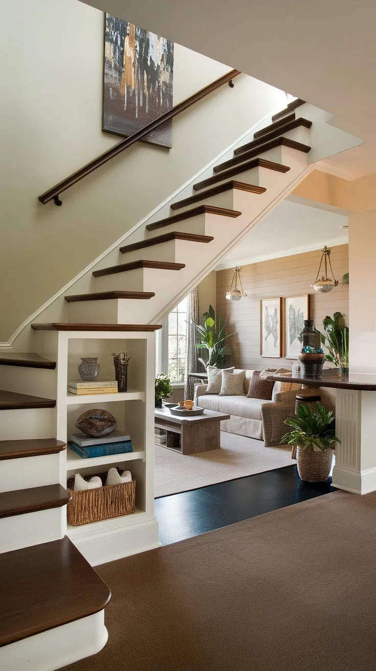 A captivating blend of functionality and style, this home boasts an entryway with stairs featuring a remarkable stairs design with storage. The innovative home stairwell ideas transform the often-wasted space under the stairs into a delightful small living room under stairs, complete with a cleverly integrated staircase bar under stairs. Downstairs storage ideas are seamlessly incorporated into the stair shelf ideas, while the downstairs design ideas create a cozy and inviting atmosphere. This is a prime example of maximizing space with under stairs storage and below stairs interior design.