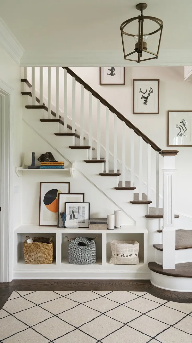 Clever stairs design with storage maximizes space, transforming this entryway with stairs into a functional haven. Home stairwell ideas include a small living room and even a staircase bar under the stairs, showcasing brilliant downstairs design ideas and under stairs storage solutions. A simple stair shelf completes the look.