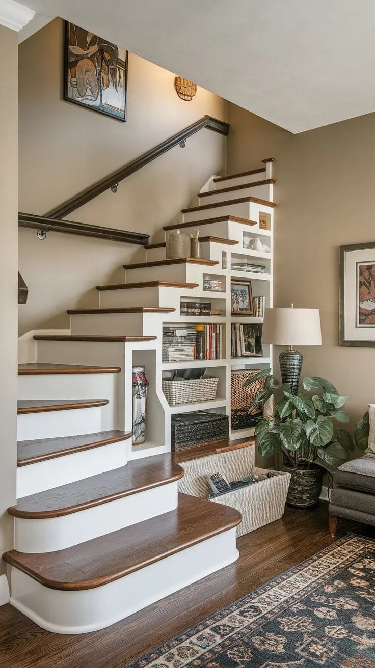 Clever stairs design with storage maximizes space in this entryway with stairs, creating a unique downstairs design and a small living room under stairs. The staircase bar under stairs is a fun touch.