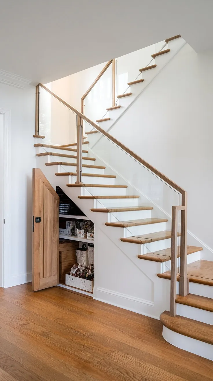 This entryway with stairs is a masterclass in efficient design. The stairs design with storage, including under stairs storage, offers brilliant downstairs storage ideas and downstairs design ideas. Consider this inspiration for your own home stairwell ideas, perhaps incorporating stair shelf ideas for extra functionality in a small living room under stairs.