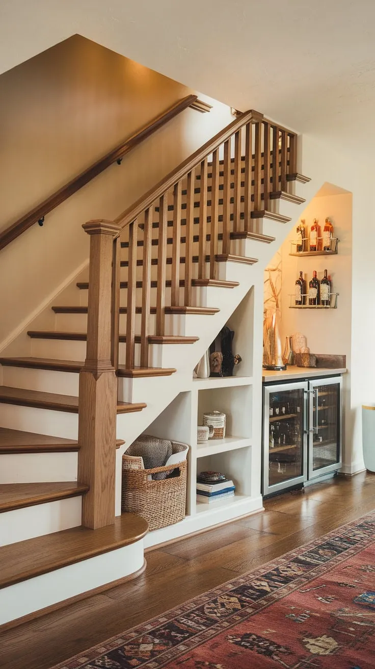 Warm lighting and clever design transform this entryway with stairs into a functional and stylish space. The stairs design with storage, including under stairs storage and a built-in bar, maximizes space and offers unique home stairwell ideas and downstairs storage ideas. A small living room under stairs could easily be created here.