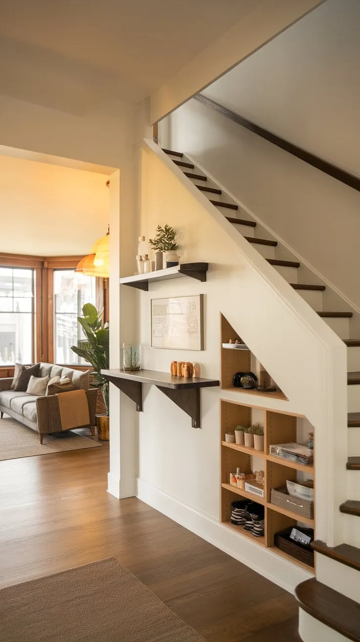 A modern take on home stairwell ideas, this entryway with stairs features a striking stairs design with storage. The under stairs storage is ingeniously transformed into a stylish bar, complemented by a shelf above. Downstairs storage ideas are brilliantly implemented, maximizing the space under the stairs. This below stairs interior design is both functional and visually appealing, creating a small living room under stairs that feels surprisingly spacious. The clever stair shelf ideas add to the overall design's practicality and charm. The downstairs design ideas are cohesive and elegant, showcasing a perfect blend of form and function. The staircase bar under stairs is a unique and inviting feature.