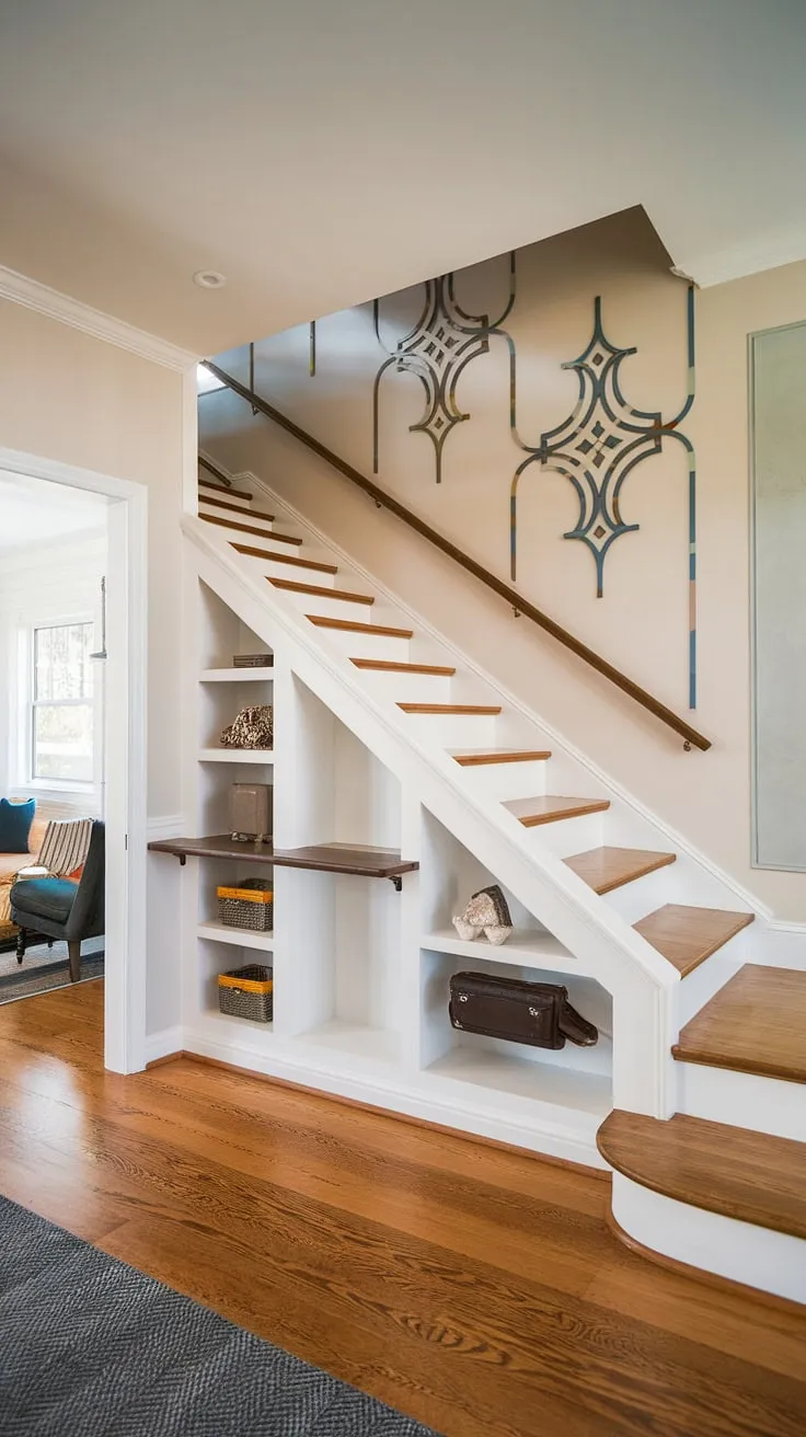 Clever stairs design with storage maximizes space in this stunning entryway with stairs, offering both stylish home stairwell ideas and practical downstairs storage ideas. The under stairs storage, including a mini bar, and stair shelf ideas create a functional small living room under stairs.