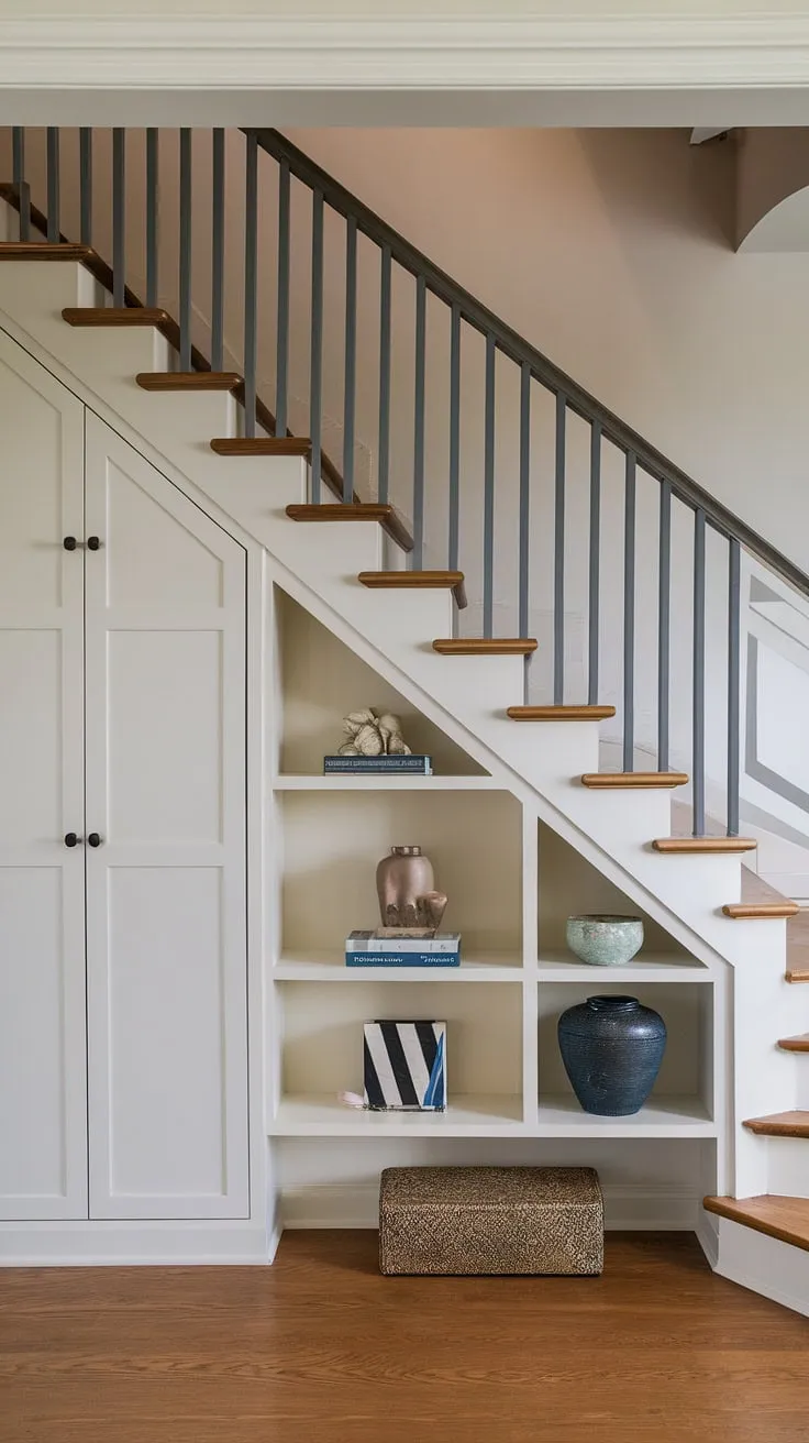 This striking entryway with stairs showcases a unique stairs design with storage, maximizing space with built-in storage compartments and a large shelf below. The multiple landings add visual interest, while the thoughtful home stairwell ideas create a functional and stylish space. Downstairs design ideas are brilliantly implemented, utilizing under stairs storage for decorative items and potentially even a small living room under stairs, depending on the space's dimensions. The stair shelf ideas are particularly clever, offering additional display space. Consider this a prime example of below stairs interior design and downstairs storage ideas, even potentially incorporating a staircase bar under stairs for added flair.