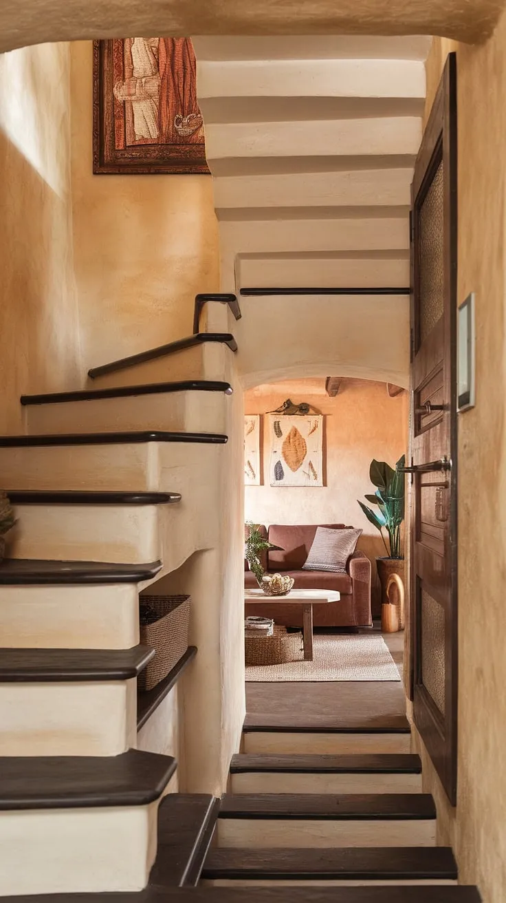 Rustic charm meets ingenious design in this home. The entryway with stairs features a stunning stairs design with storage, providing ample downstairs storage ideas. Clever under stairs storage is cleverly incorporated, showcasing innovative home stairwell ideas. The small living room under stairs is a cozy haven, demonstrating smart below stairs interior design. The unique staircase bar under stairs adds a touch of whimsy, while the stair shelf ideas contribute to the overall practicality and aesthetic appeal.