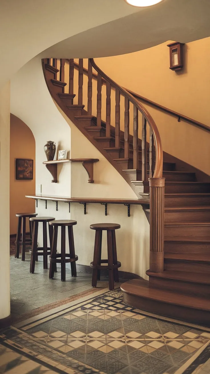 Warm lighting illuminates this inviting entryway with stairs, showcasing a clever stairs design with storage solution. The curved wooden staircase leads upstairs, while below, a charming bar with stools and under stairs storage maximizes space. This home stairwell ideas example demonstrates how downstairs design ideas, including downstairs storage ideas and a small living room under stairs, can create a functional and stylish home. The built-in stair shelf ideas add extra storage, making the most of this below stairs interior design. A staircase bar under stairs is the perfect finishing touch.