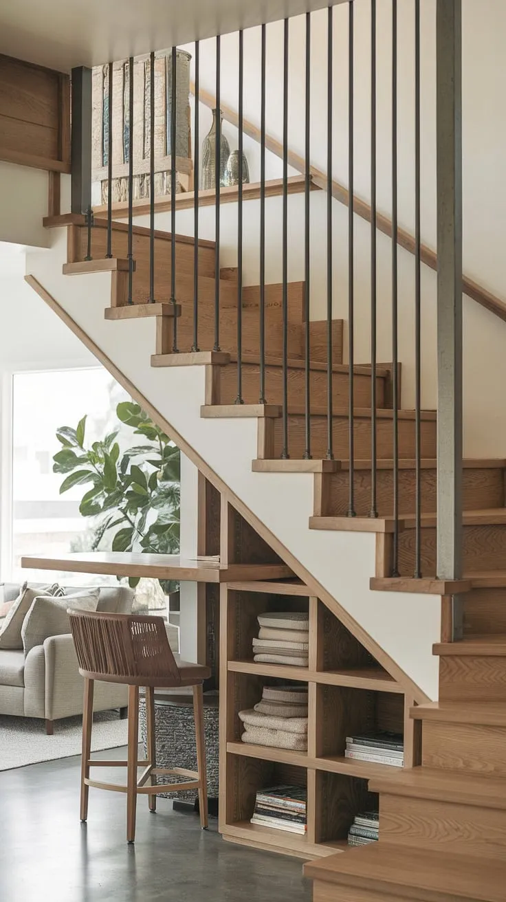 Sleek and functional, this entryway with stairs showcases innovative stair shelf ideas. The stairs design with storage provides ample downstairs storage ideas, while the below stairs interior design creates a cozy small living room under stairs. A perfect example of home stairwell ideas.