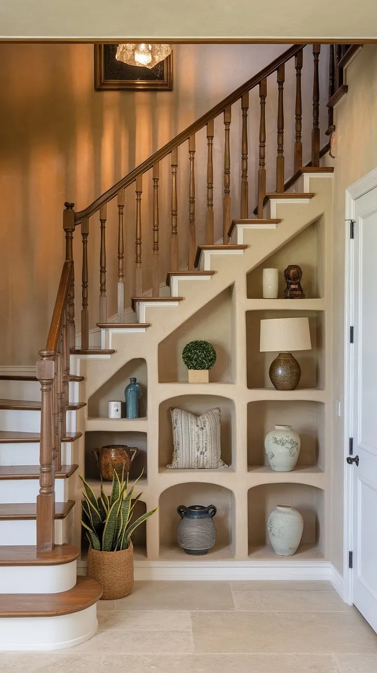This stunning entryway with stairs boasts innovative downstairs design ideas, maximizing space with a thoughtfully designed stairs design with storage solution. The under stairs storage area features a charming shelf, displaying decorative items and showcasing creative stair shelf ideas. This home stairwell ideas example cleverly incorporates a small living room under stairs feel, while the white door below provides a clean aesthetic. The warm lighting enhances the overall ambiance, making it a perfect example of below stairs interior design and downstairs storage ideas. A staircase bar under stairs could even be considered for this space.