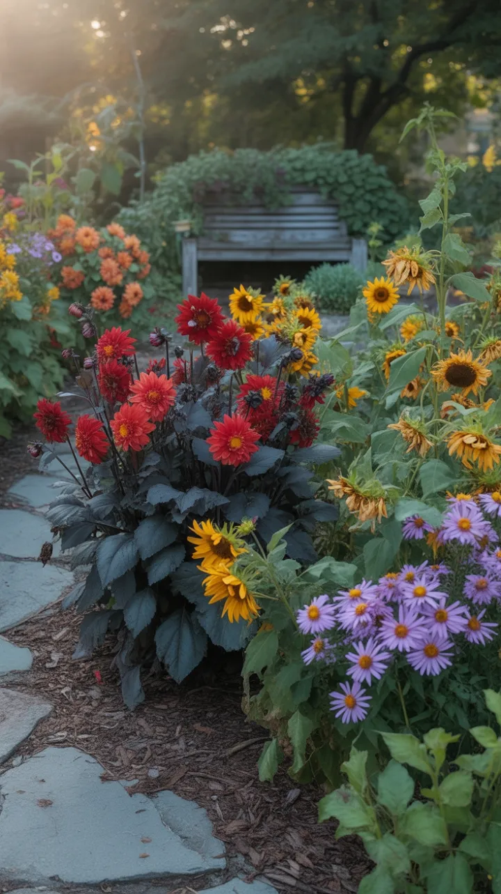 Golden Afternoon on a Garden Path Lined with Autumn Blooms