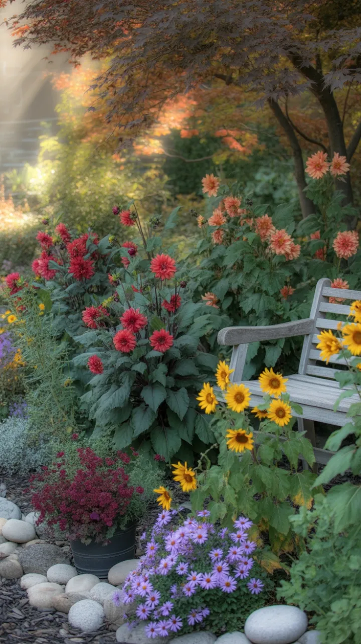 Autumn Garden Embrace – Dahlias Sunflowers and Maple Glow