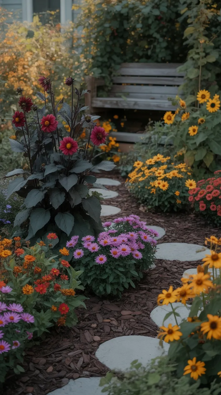Sunlit Pathway Through a Tapestry of Fall Blooms