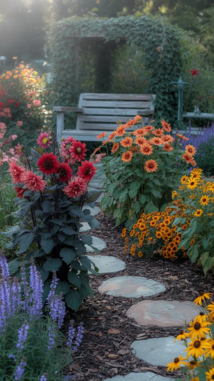 Sunlit Path Through a Tapestry of Autumn Blooms