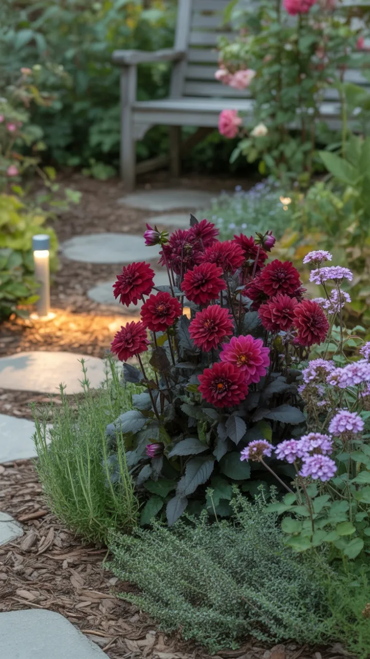 Velvet Dahlias and Warm Pathlights in a Tranquil Fall Garden
