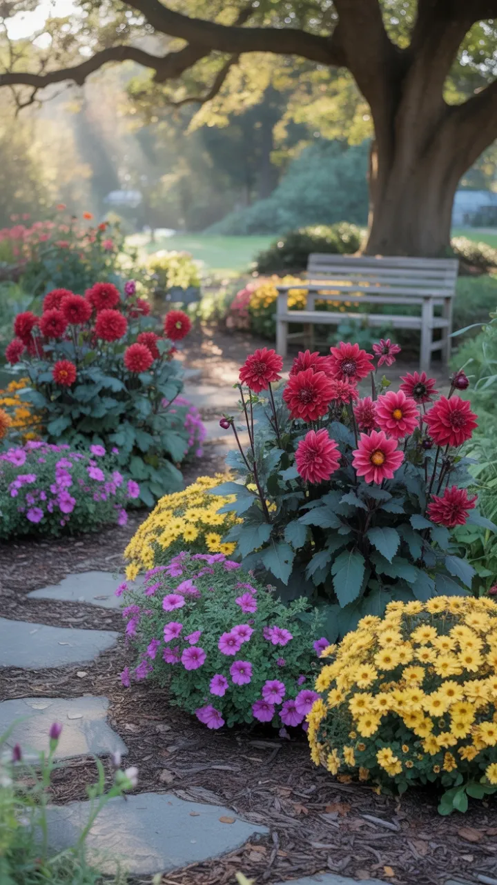 Sunlit Autumn Garden of Crimson Dahlias and Golden Mums