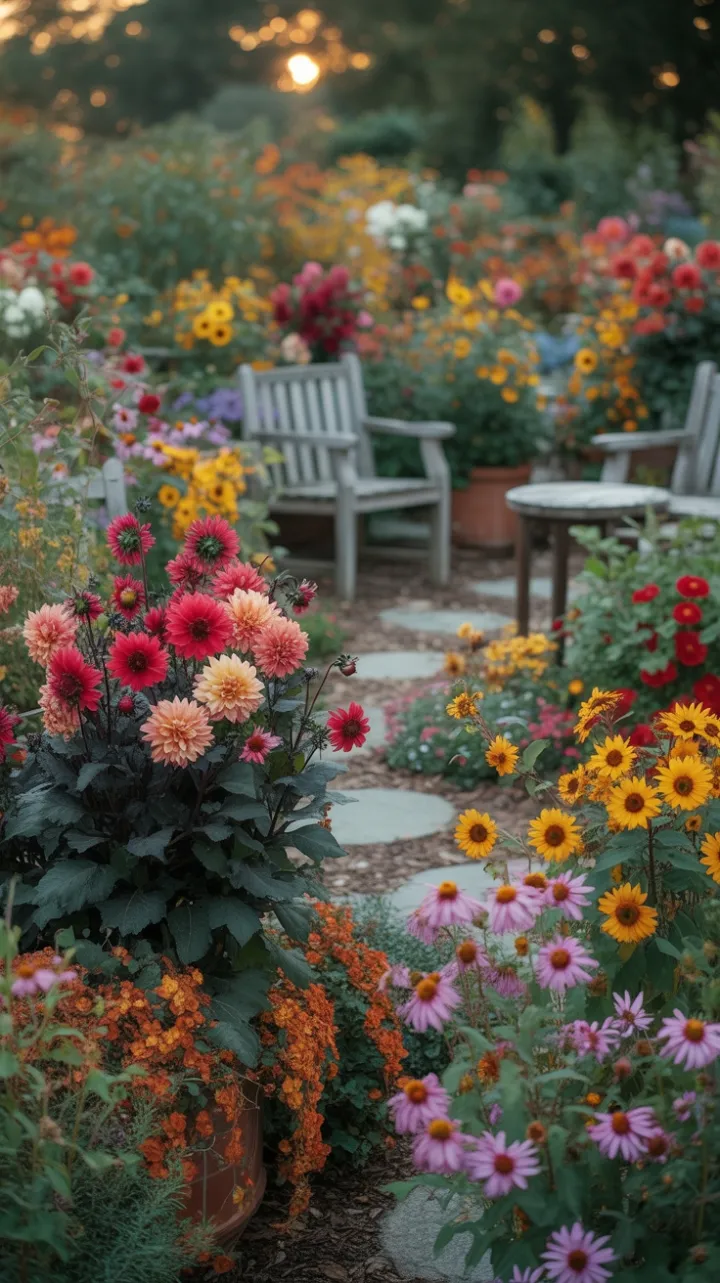 Autumn Tapestry of Dahlias Sunflowers and Asters