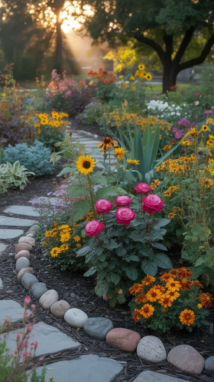 Sunlit Autumn Garden of Crimson Roses and Golden Sunflowers