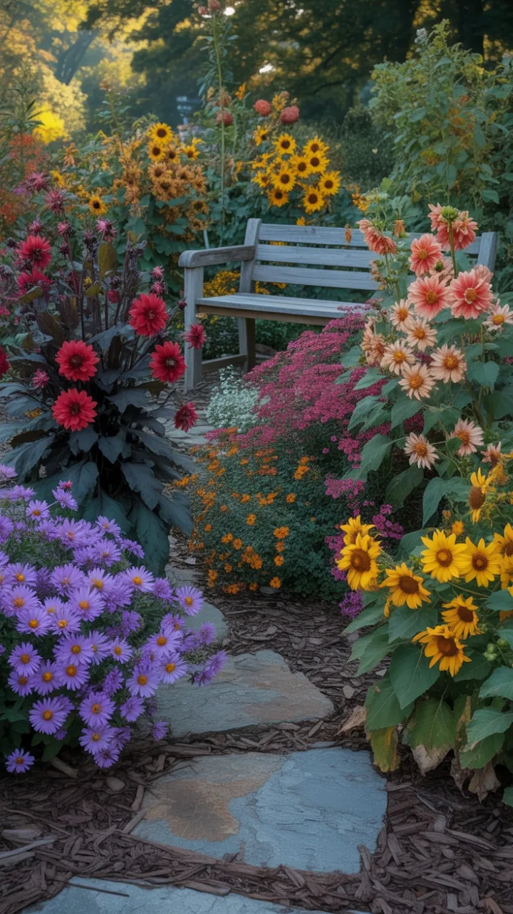 Winding Stone Path Through a Tapestry of Autumn Blooms