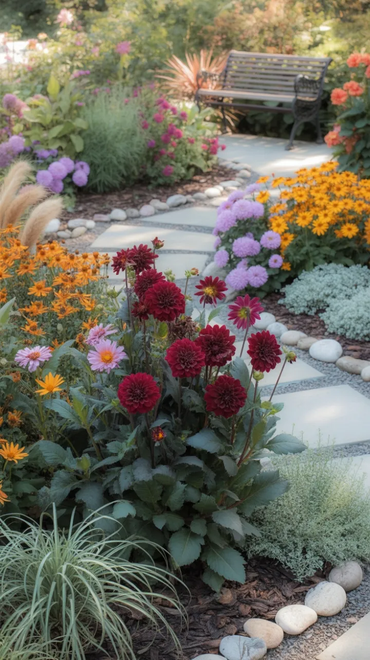 Winding Path Through a Sunlit Tapestry of Autumn Blooms