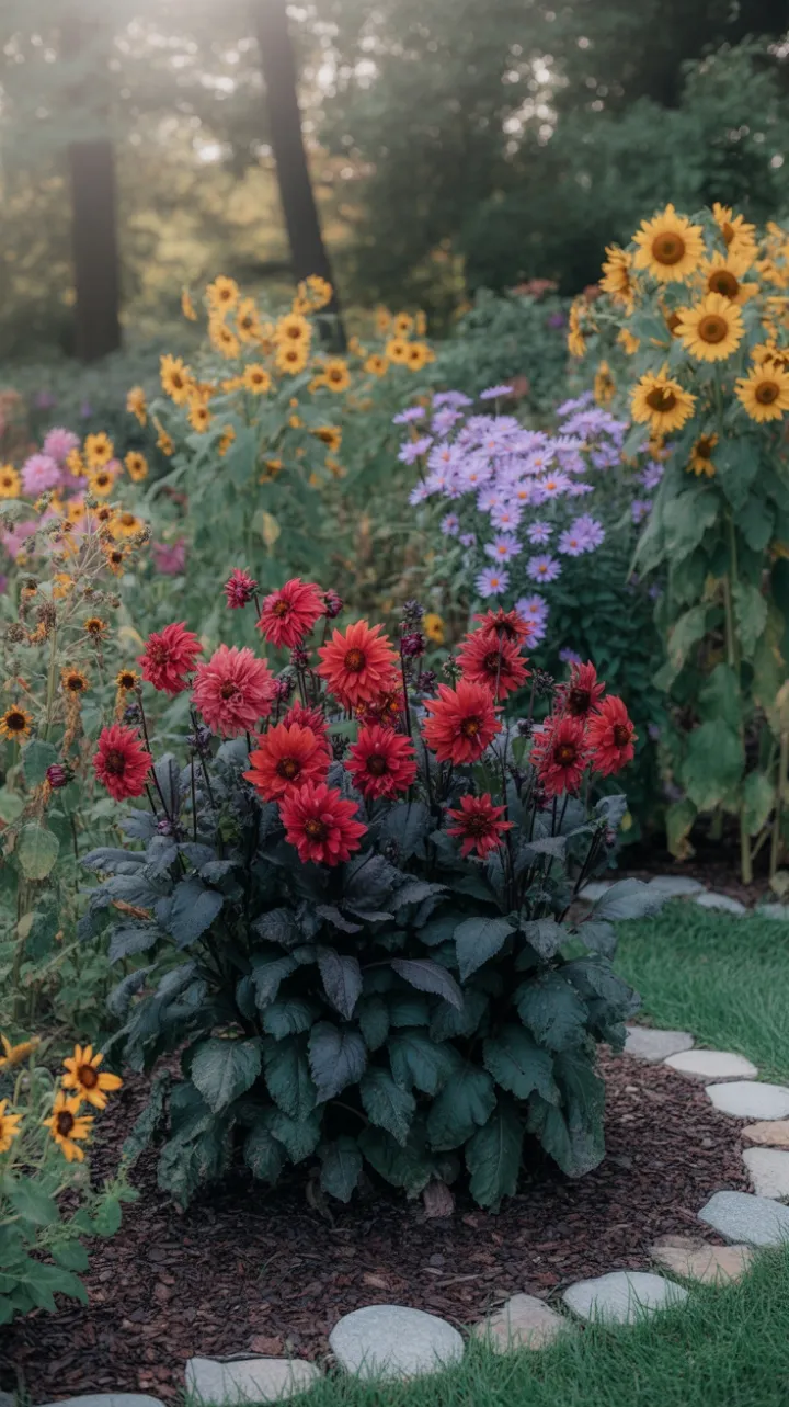 Sunlit Autumn Garden of Crimson Dahlias and a Winding Stone Path