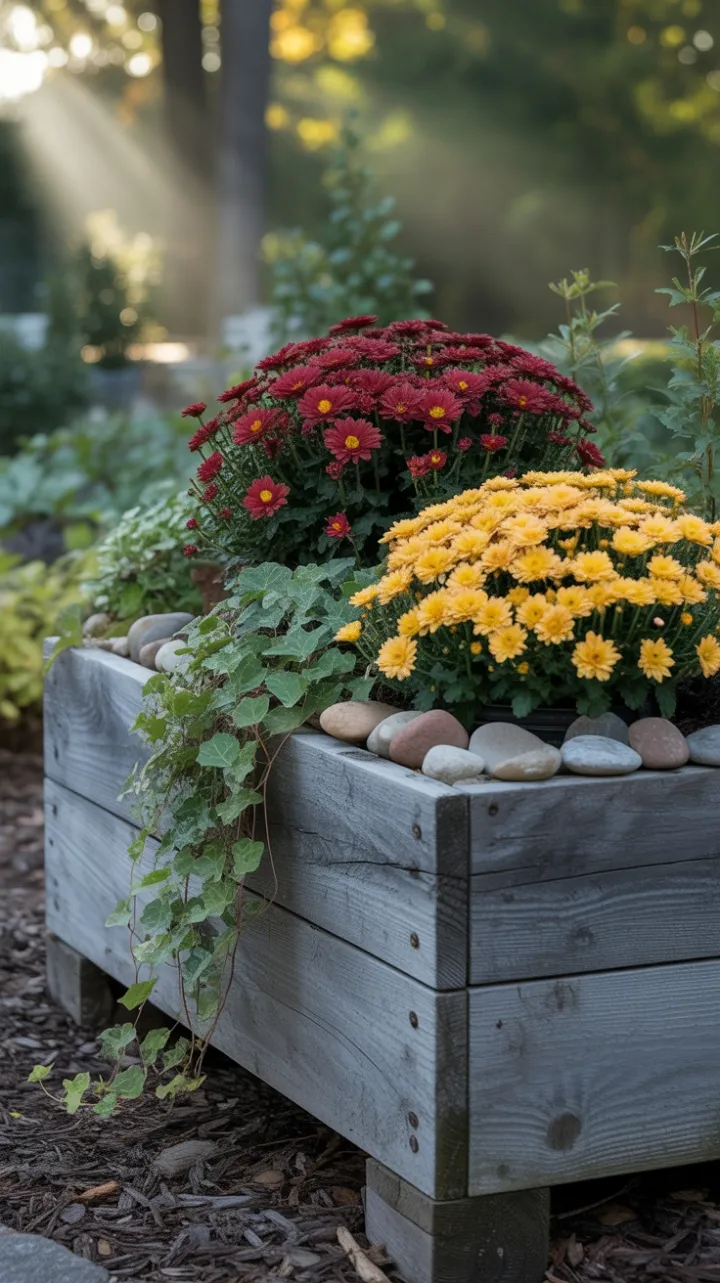 Weathered Wood Planter Brimming with Red and Gold Autumn Mums