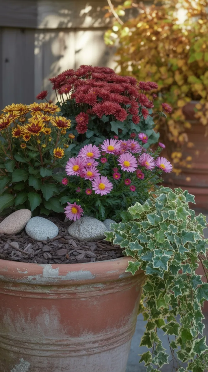 Sunlit Autumn Planter Overflowing with Color and Texture