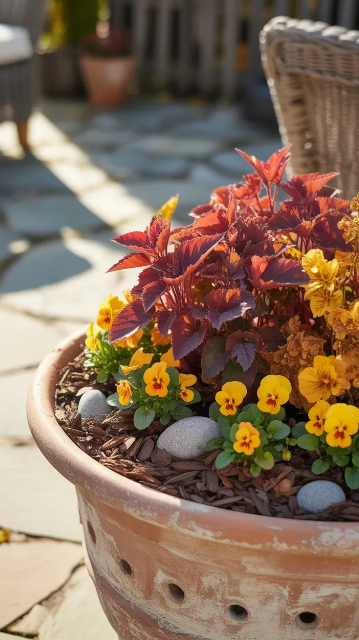 Sunlit Terracotta Brimming with Crimson Foliage and Golden Pansies