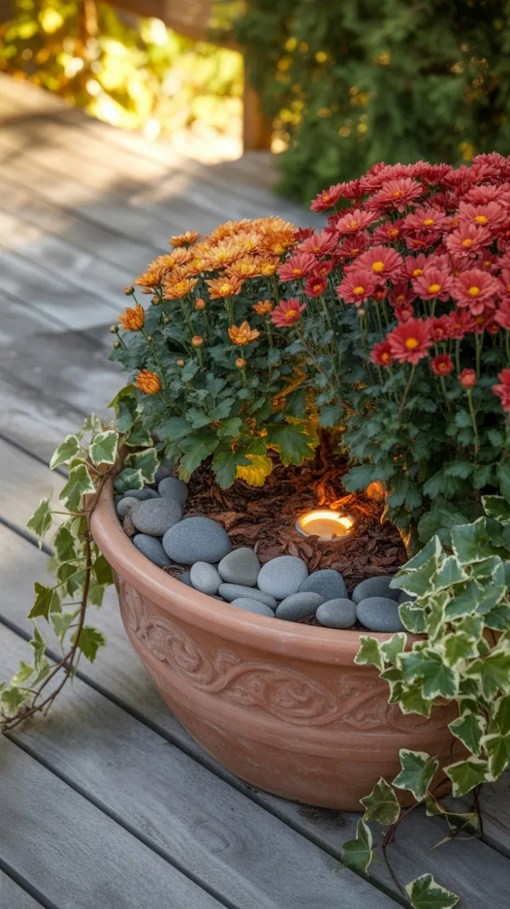 Autumn Chrysanthemum Glow on a Weathered Patio