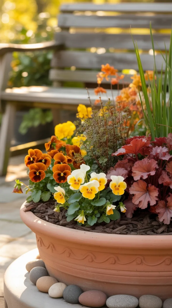 Sunlit Autumn Cascade in a Terracotta Planter