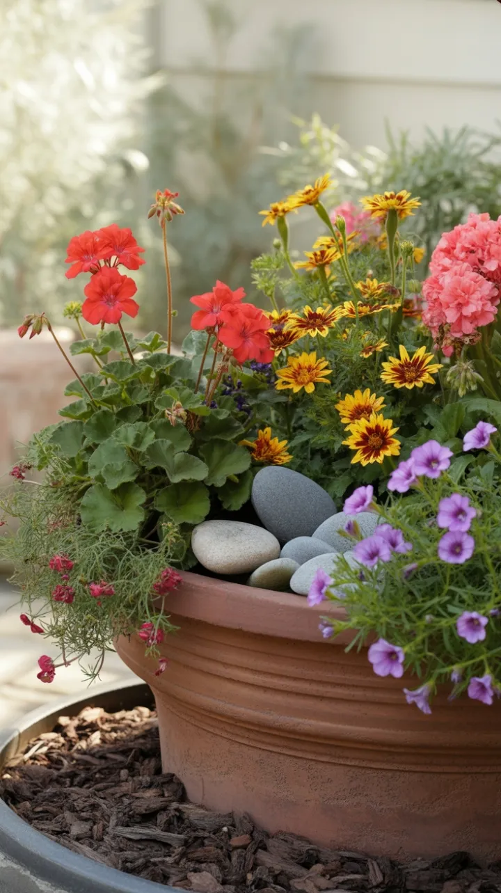 Sunlit Terracotta Planter Bursting with Fall Color
