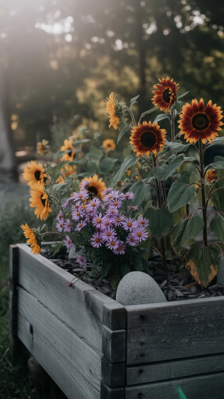 Sunlit Autumn Blooms in a Weathered Wooden Planter