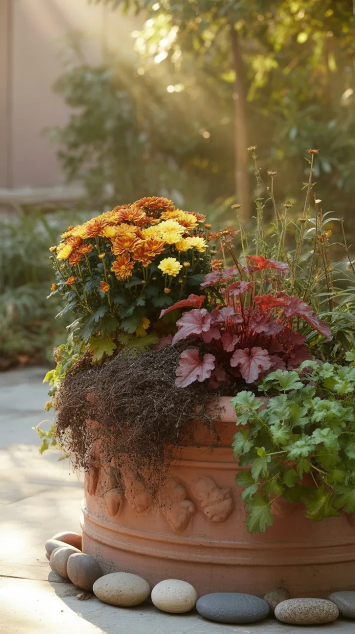 Sunlit Autumn Overflow in a Rustic Terracotta Planter