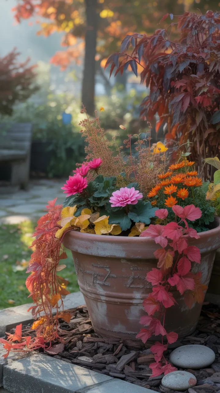 Autumn Abundance Overflowing a Weathered Terracotta Pot