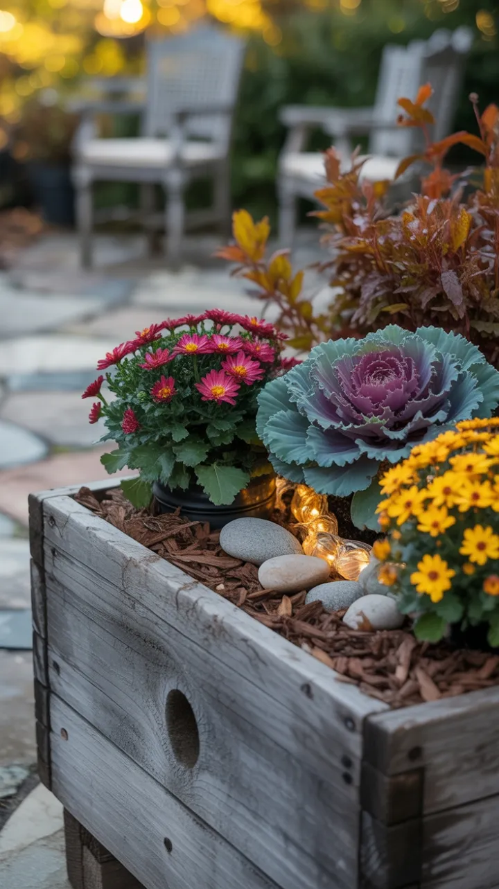 Rustic Autumn Planter Glowing with Mums, Kale and Fairy Lights