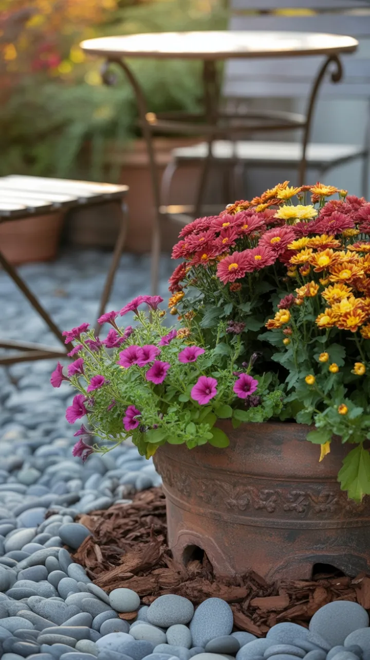 Sunlit Autumn Planter Overflowing with Crimson, Gold and Purple Blooms