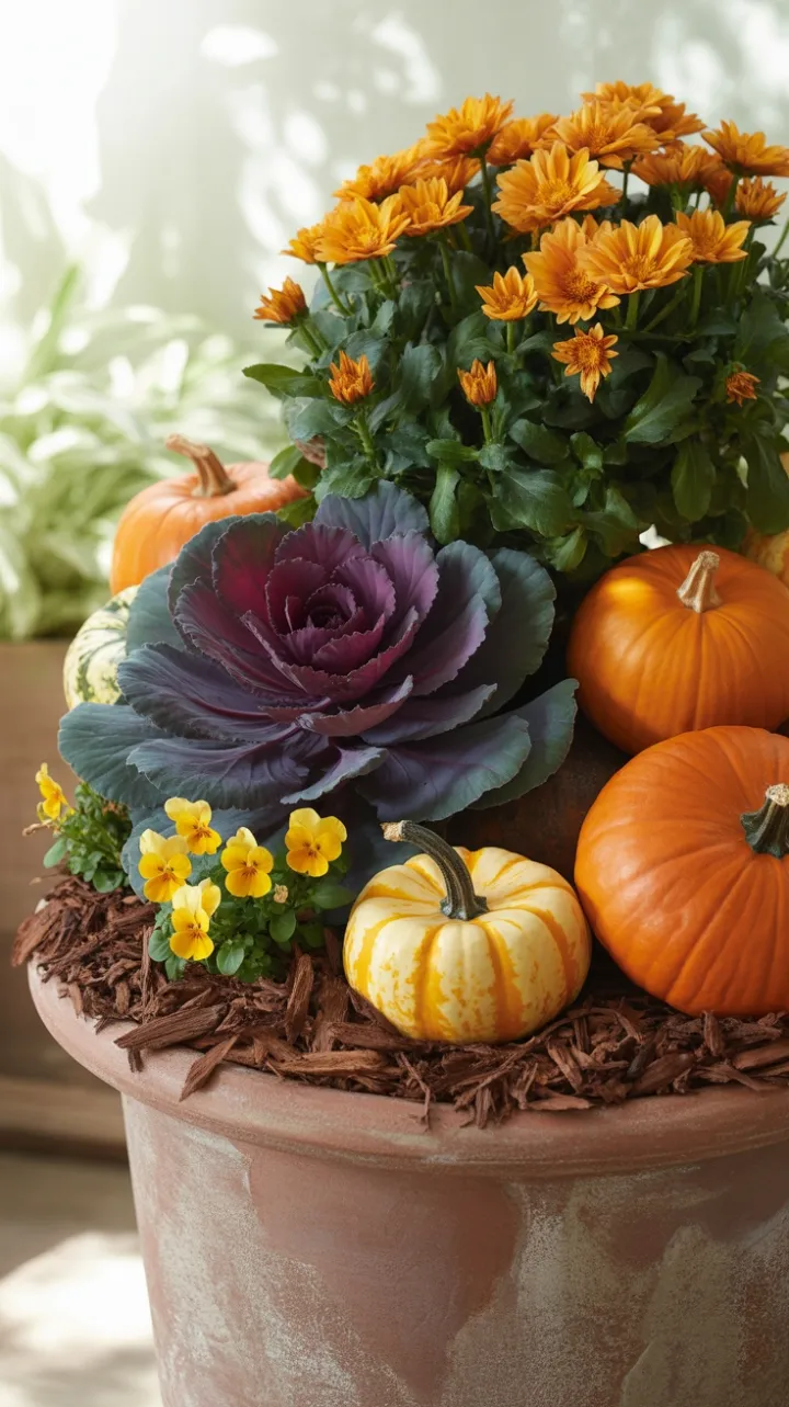 Sunlit Fall Planter Bursting with Orange Mums, Purple Cabbage and Mini Pumpkins