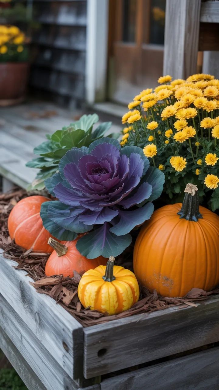 Morning Light on a Rustic Planter Overflowing with Pumpkins Mums and Ornamental Cabbage