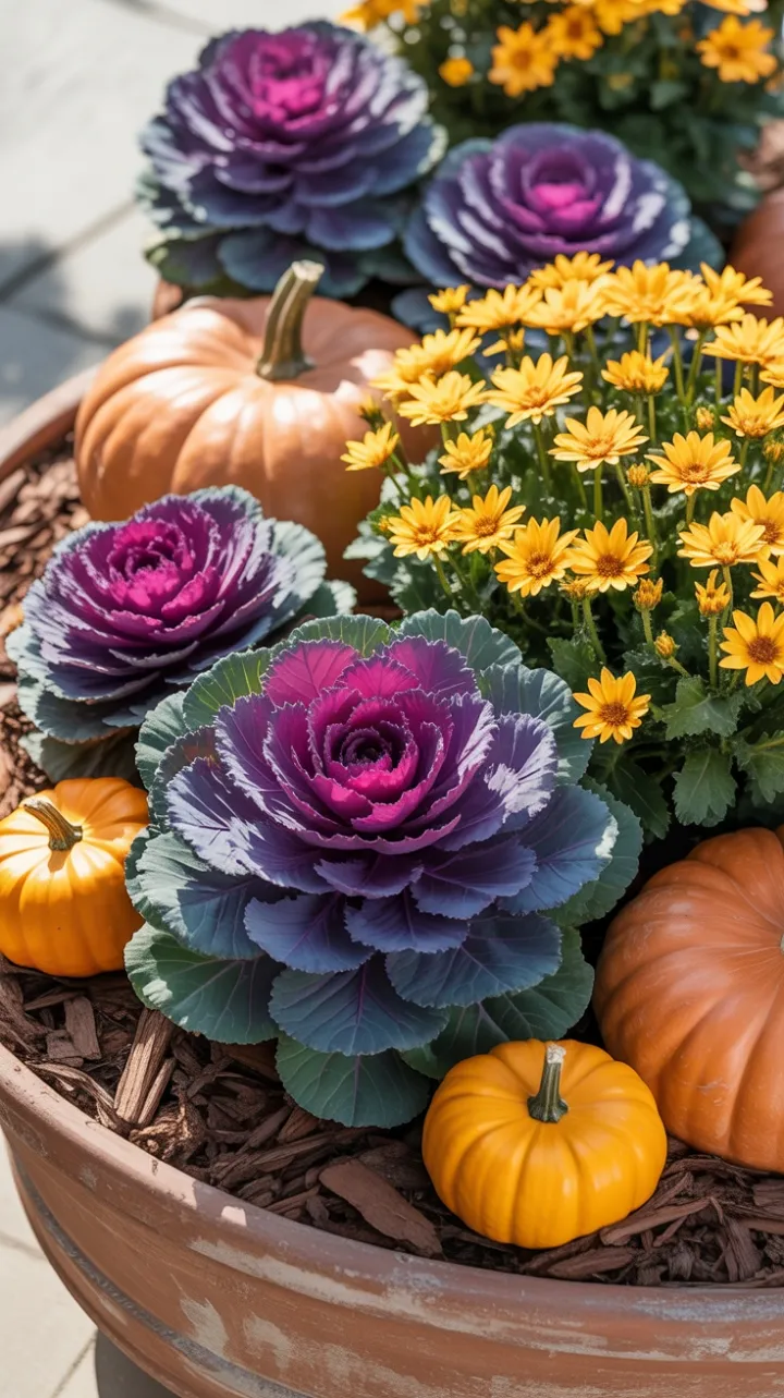 Sunlit Fall Planter with Pumpkins, Purple Cabbage and Golden Mums