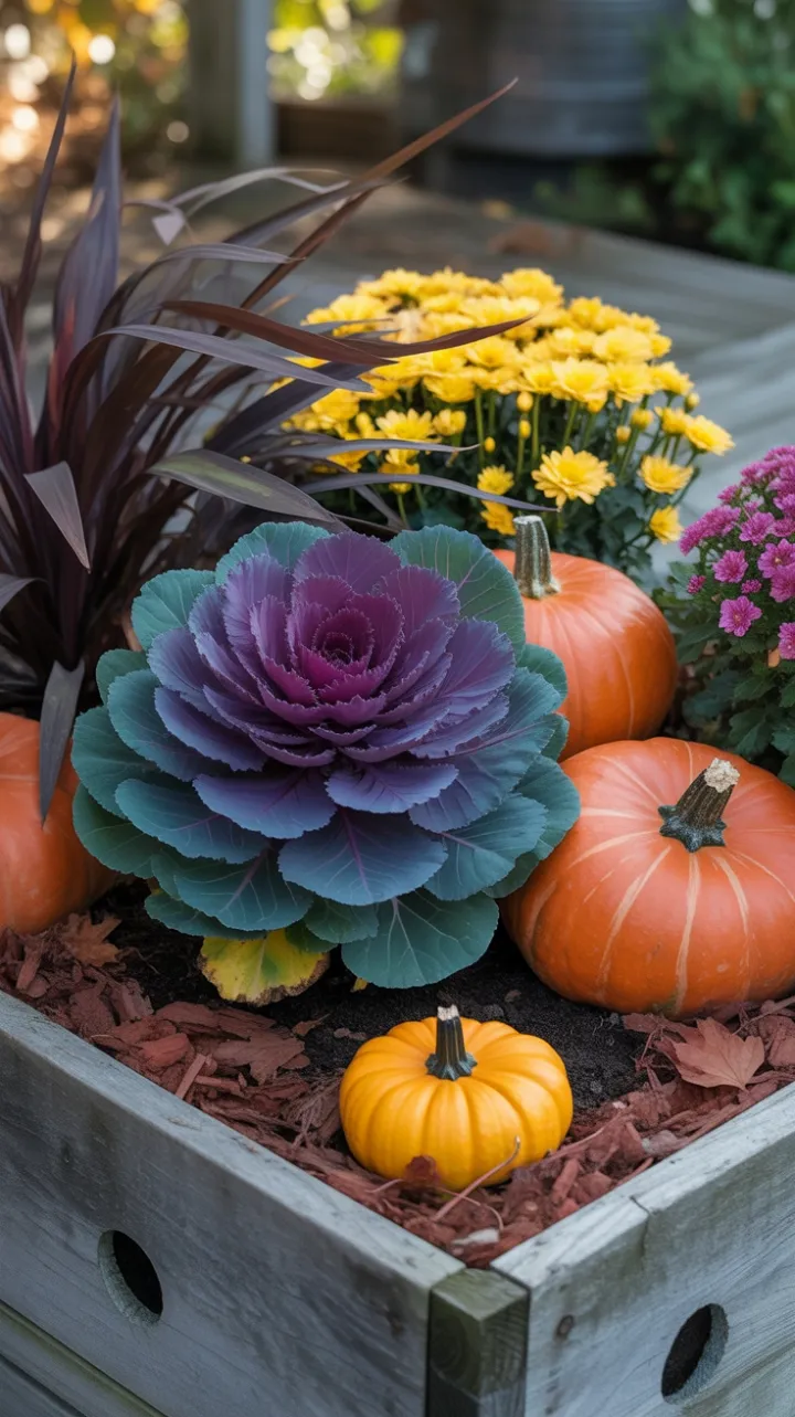 Rustic Fall Planter Brimming with Pumpkins, Purple Cabbage and Golden Mums