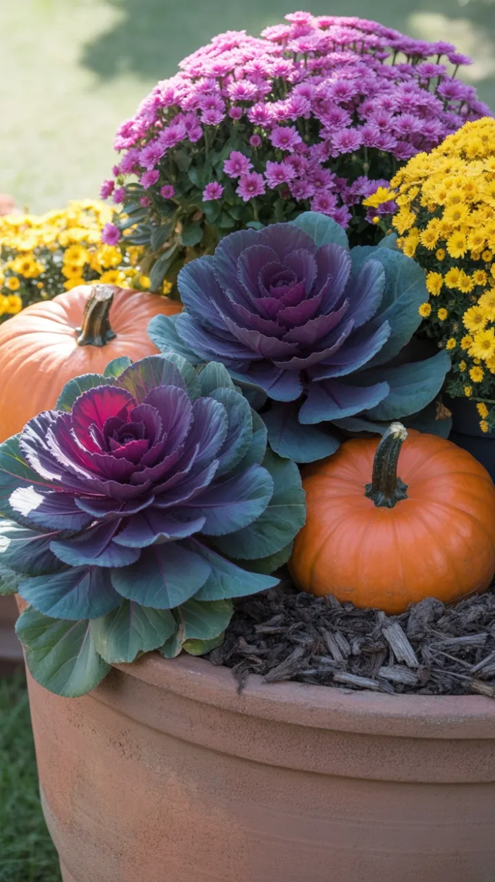 Overflowing Fall Planter of Pumpkins Ornamental Cabbage and Vibrant Mums