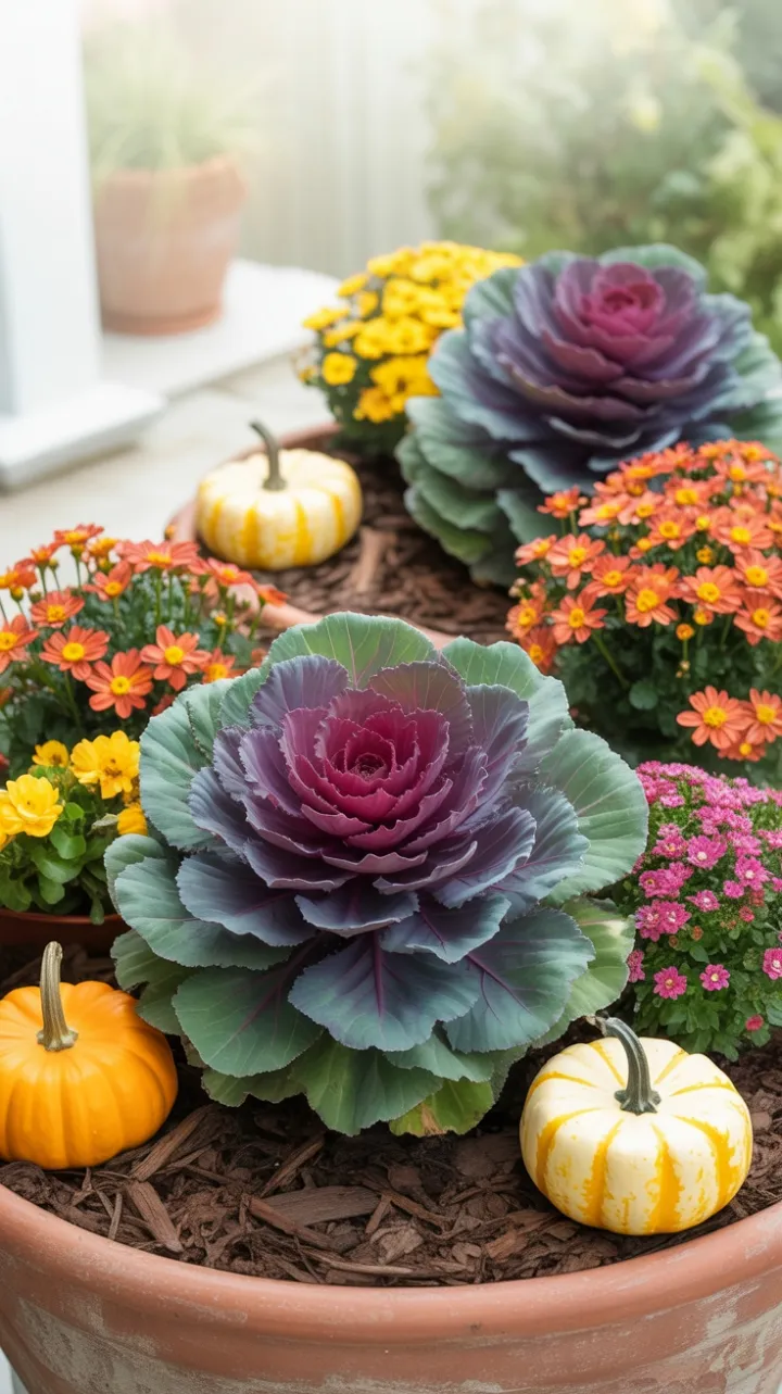 Warm Harvest Planter Brimming with Burgundy Cabbage and Mini Pumpkins