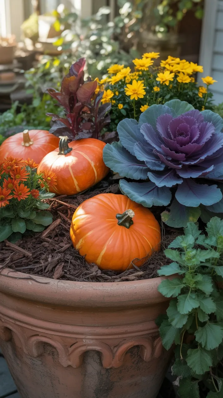 Sunlit Rustic Fall Planter Bursting with Pumpkins and Mums