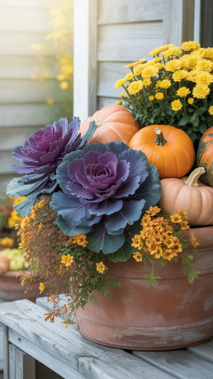 Rustic Autumn Abundance with Pumpkins Purple Cabbage and Golden Mums