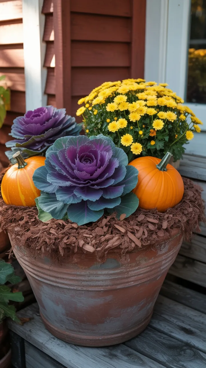 Sunlit Fall Planter Overflowing with Pumpkins Purple Cabbage and Golden Mums